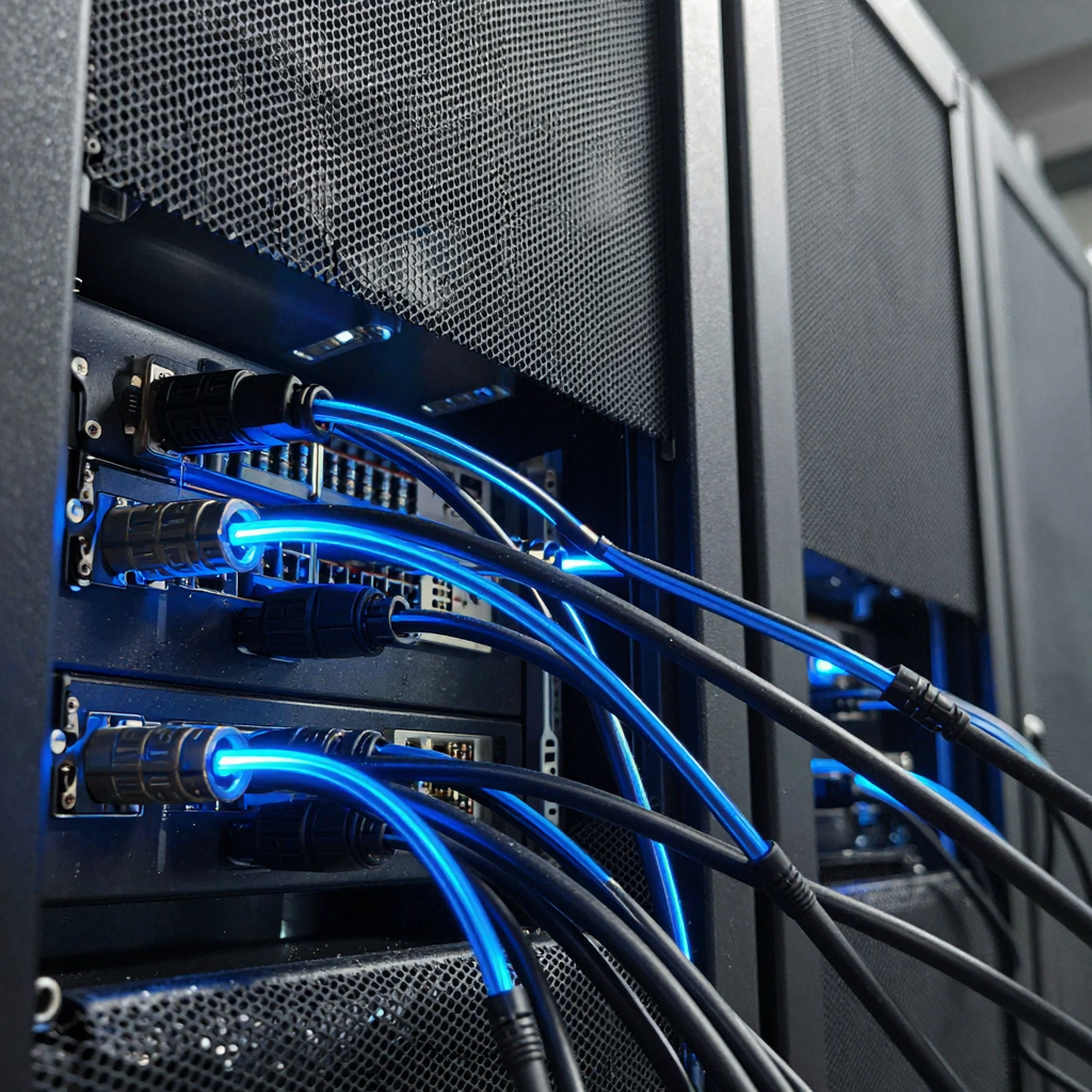 Cabos de rede conectados em ambiente de suporte técnico